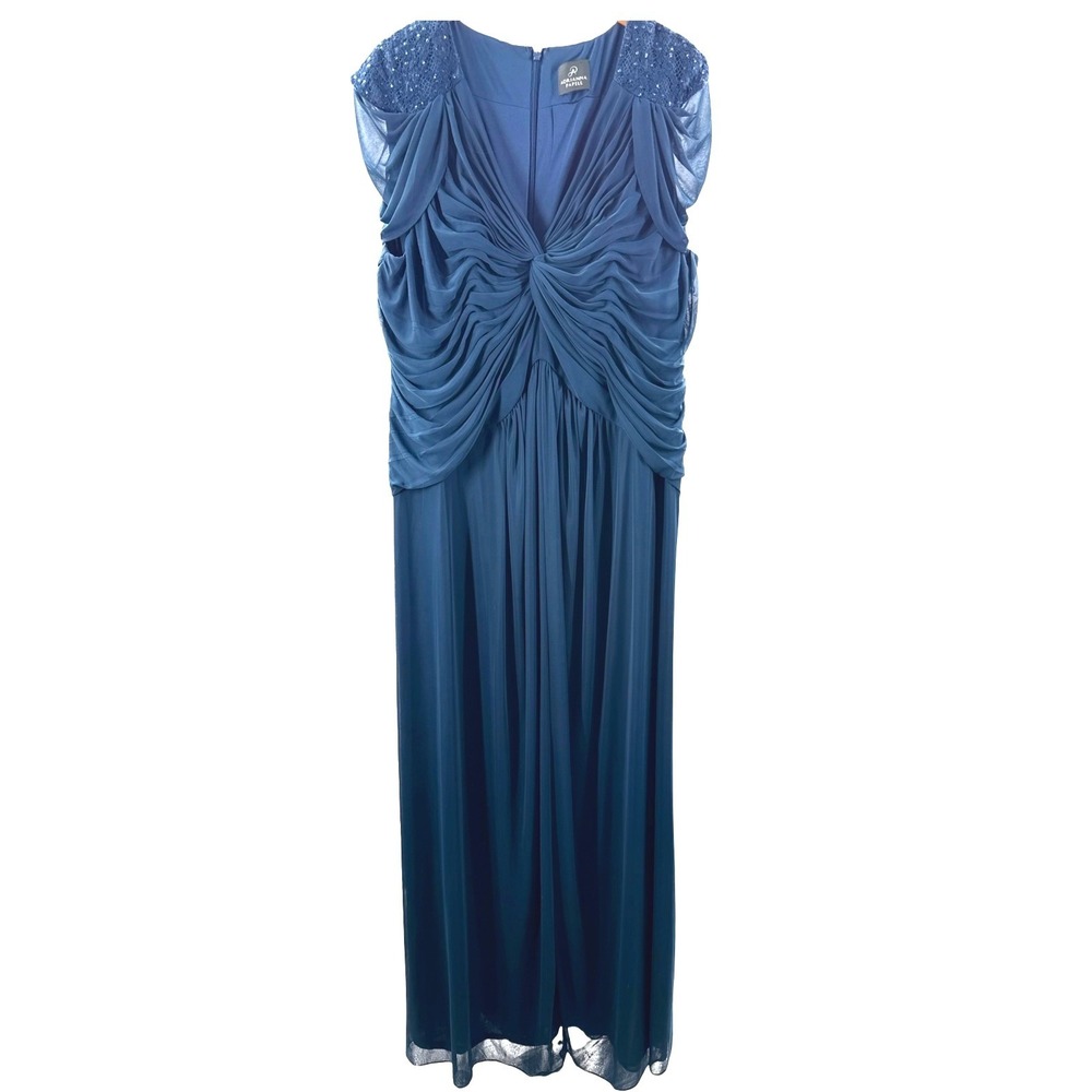 Adrianna Papell Dress 22W Blue Ruched Sequin Lace Formal Evening Gown Plus